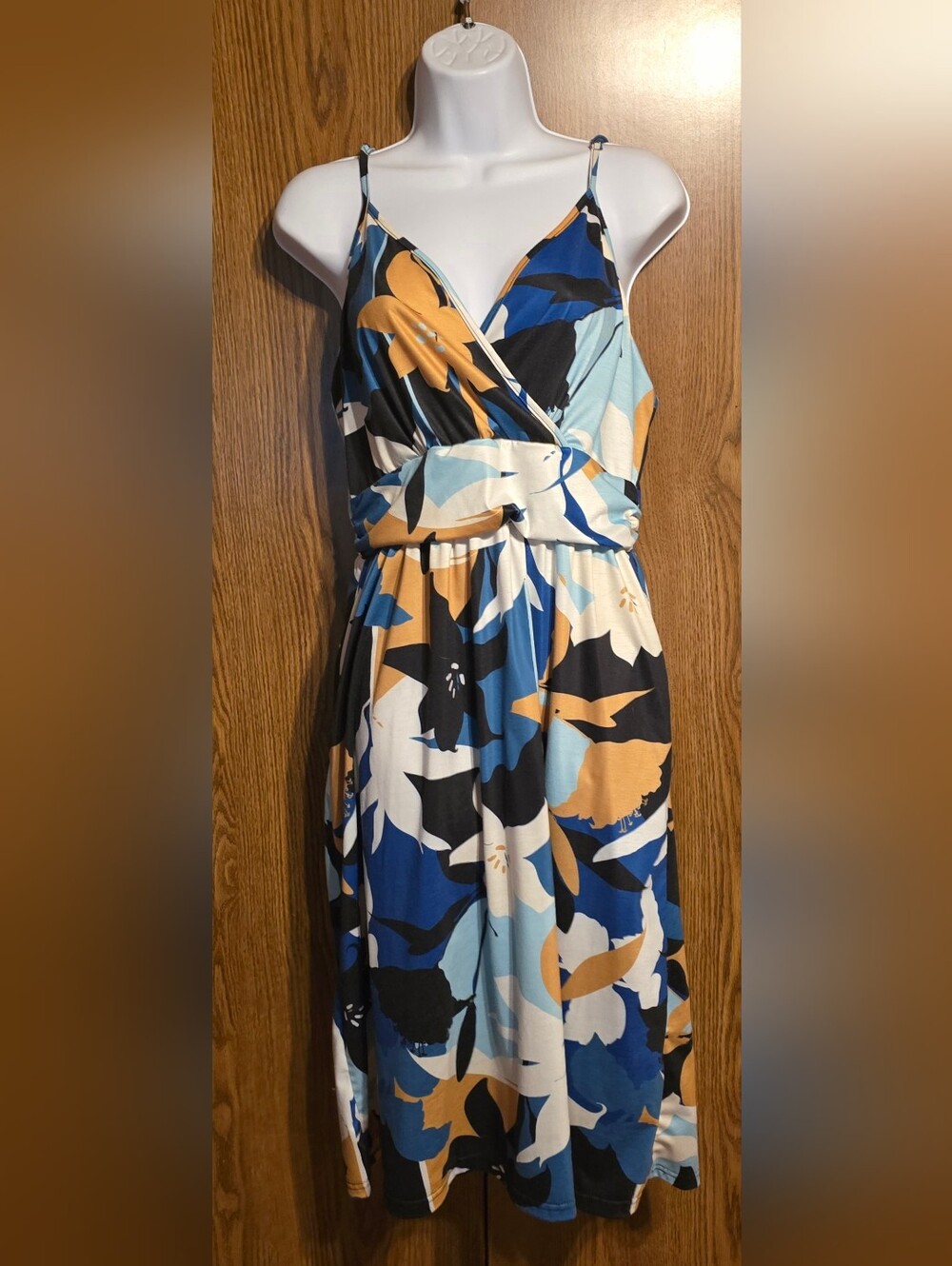 Source Unknown Blue and Mustard Floral Wrap Midi Dress